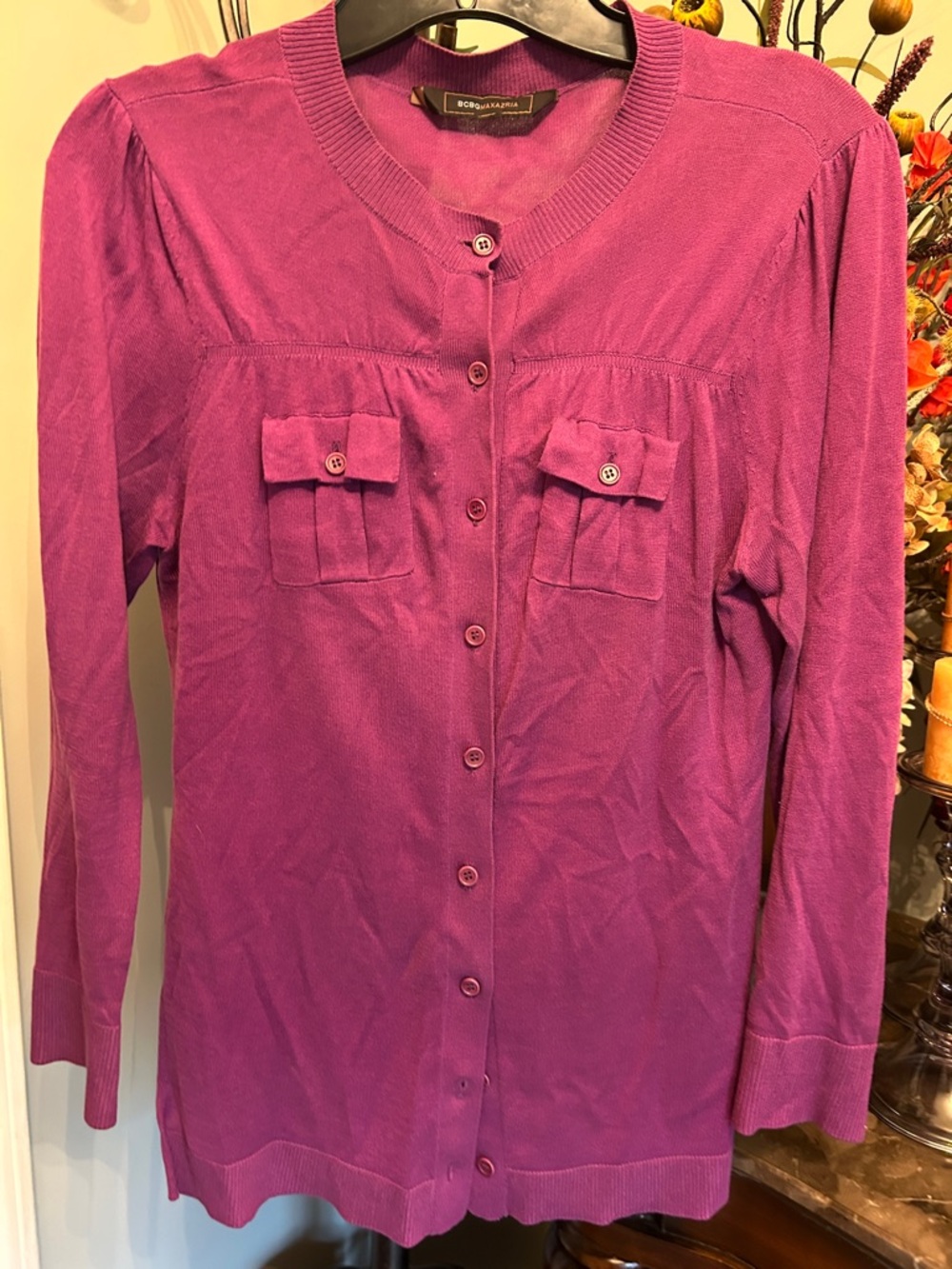 BCBGMaxAzria Magenta Button-Up Pocket Cardigan